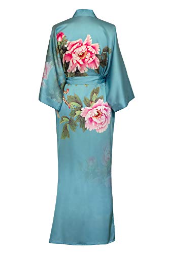 Old Shanghai Women's Kimono Robe Long - Watercolor Floral, peony & bird - cameo blue, One Size