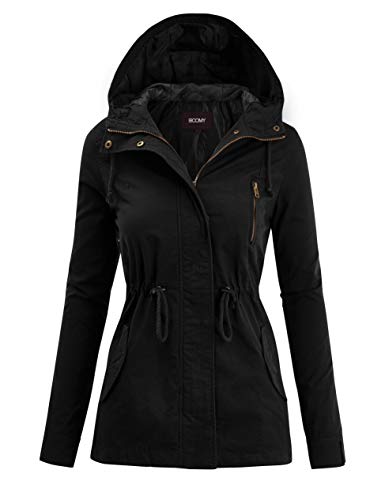 FASHION BOOMY Women's Zip Up Safari Military Anorak Jacket with Hood Drawstring - Regular and Plus Sizes Medium Black