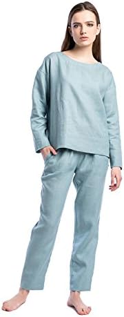ETNODIM Women's Pajamas Sleepwear Linen Sleep Beding Long Sleeve Pants Pajama Sets Beige(Sky Blue, Medium)
