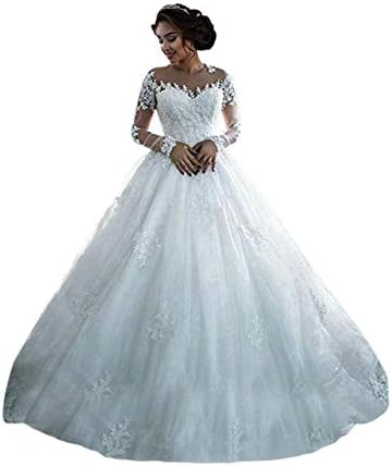 Andybridal Women's Ball Gown Appliques Lace Long Sleeves Bridal Wedding Dress