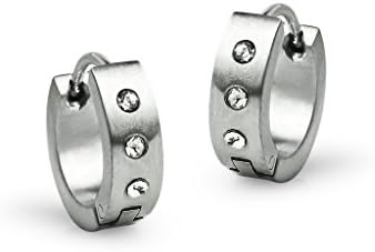 Stainless Steel Earrings, Silver Tone Polished Finish Helix Huggie Hoop 12mm Earrings With 3 Rhinestone Crytals for Men and Women