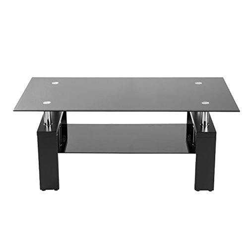 Merax Black Highlight Glass Top Cocktail Coffee Table with Wooden Legs