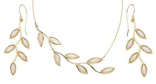 Gold Plated Sterling Silver Olive Leaf Jewellery Set Handmade Cream Polymer Clay Necklace and Long Drop Earrings, 16.5" Gold Filled Chain