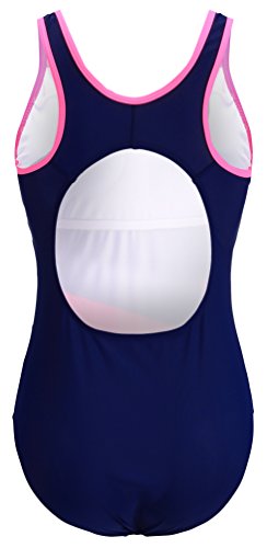 EBMORE Womens One Piece Swimsuit Bathing Suit Chlorine Resistant for Athletic Sport Training Exercise(Pink & Navy 10-12)