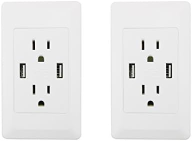 2PK YOPI 2A High Speed Dual USB Phone Pad Charger with 15A Wall Receptacle 2 Outlets Band Panel Screwless Faceplate White ETL Listed
