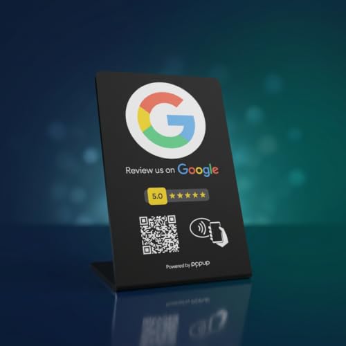 NFC and QR Code Display Plate for Google Reviews, TripAdvisor, Trustpilot | Black Acrylic Resin Counter Stand, iOS and Android Compatible, No App