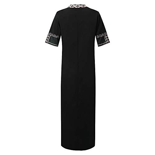 TIFENNY Vintage Long Dresses for Women Printed Long Sleeve V-Neck Maxi Dress Hem Baggy Kaftan Long Dress Black - Thumbnail 2