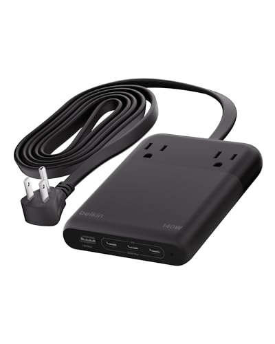 Belkin 2-Outlet GaN Charging Station 140W, USB C Charger w/ 2X AC Outlets, 3X USB C Ports, and 1x USB A Port - Power Strip for iPhone, Apple Watch, iPad, MacBook, Chromebook, Galaxy, Pixel, & More