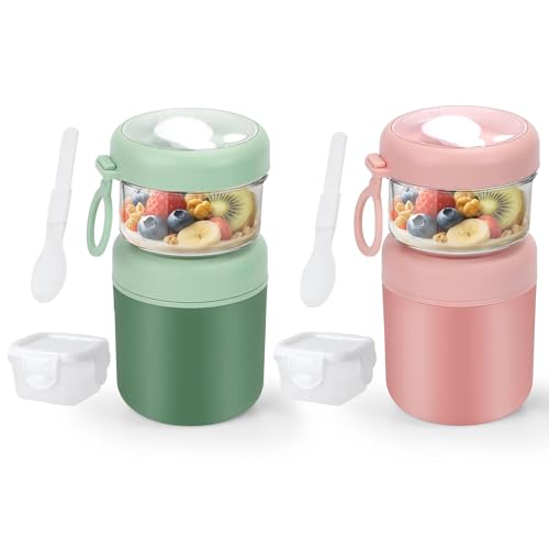 31VMS+tfv4L Geekhom 2Er-Set Müslibecher To Go Edelstahl 530Ml+330Ml Joghurt Und Müsli To Go Becher Klein Bpa Frei Thermisch - Mit Löffel &Amp; Soßenbox, Ideal Für Arbeit, Schule, Picknick (Grün+Rosa)