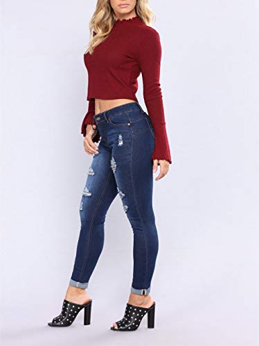 Women's High Waisted Butt Lift Stretch Ripped Skinny Jeans Distressed Denim Pants Blue 35 US 14 - Thumbnail 5