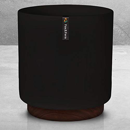 Fox & Fern New 10" Plant Pot with Walnut Wood Base - Perfectly Fits Plant Stand - Drainage Plug - Outdoor Indoor - Soft Black