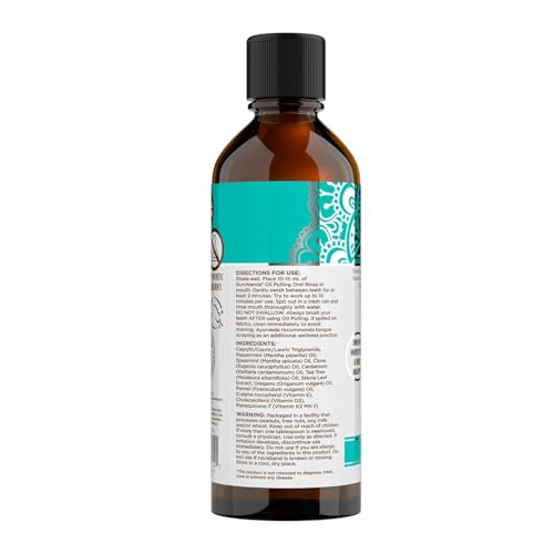GuruNanda CocoMint Oil Pulling Mouthwash for Complete Oral Hygiene, 7 Essential Oils & Vitamins for Happy Teeth & Gums & Fresh Breath with Toothbrush & Tongue Scraper, Alcohol & Peroxide Free, 8 oz