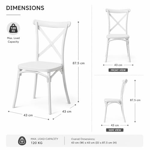 MARCOLO Amalfi Cross Back Chair, Modern Plastic Dining Chair, Lightweight & Durable, Weather and UV Resistant Indoor/Outdoor Chair for Kitchen, Dining Room, Café & Patio (White)