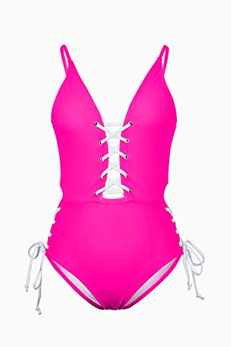 Almaree Woman Deep V Neck Criss Cross High Waist Bathing Suit 1 Piece Bikini Rosy S - Thumbnail 4