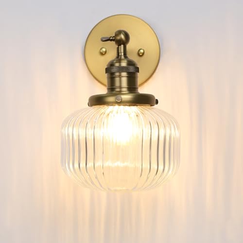 Permo Classic Vintage Wall Lamp Indoor Wall Light Fixture with Clear Globe Ribbed Glass Shade for Bedroom Living Room (Antique)