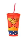Silver Buffalo WW01087 DC Comics Wonder Woman Uniform Plastic Cold Cup with Lid and Straw, 16-Ounces