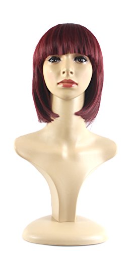 Xiaoyu Flat Bangs Natural Short Straight BOB Ladies Cosplay Wigs - Red Wine
