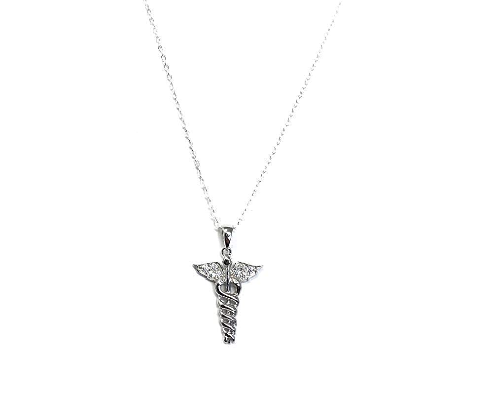 Silver Caduceus Pendant with Cubic Zirconia on 46 cm Fine Silver Chain Necklace