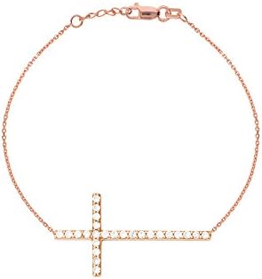 14K Gold Sideways Cross Cubic Zirconia Adjustable Bracelet 7"-7.5" (rose-gold)