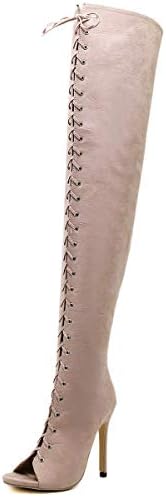 XWQYY Women's Over The Knee Boots, Slim Boots Zip High Boots High Heels Shoes Thick with Front Lace Boots Round Boots,Apricot -39EU