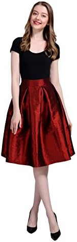 Irenwedding Women's High Waist Basic Hand Pockets Stretchy Pleated Skirt Midi Skirt