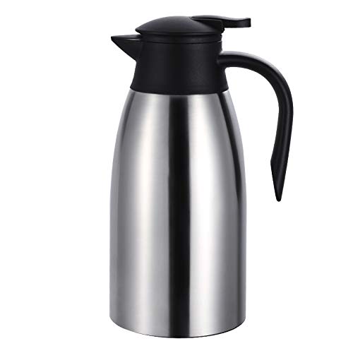 Insulated Vacuum Jug 2 Litre Stainless Steel Coffee Tea Carafe Double Walled Vacuum Pot for Coffee Tea Milk Beverages Hot Drinks, Drip-Free, Silver