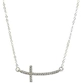 Designed By Stacey Handmade Sideways Curved Cross Necklace, Sterling Silver Chain, Sparkly Cubic Zirconia Religious Jewelry, Gifts for Her, Confirmation, Birthday, Wedding, 16 to 18" Adjustable Chain