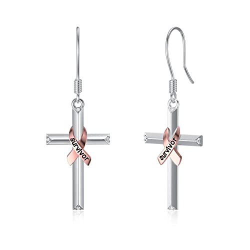 PEIMKO Survivor Earrings Cancer Awareness 925 Sterling Silver Cubic Zirconia Cross Pendant Pink Ribbon Earrings Jewellery Gifts for Women