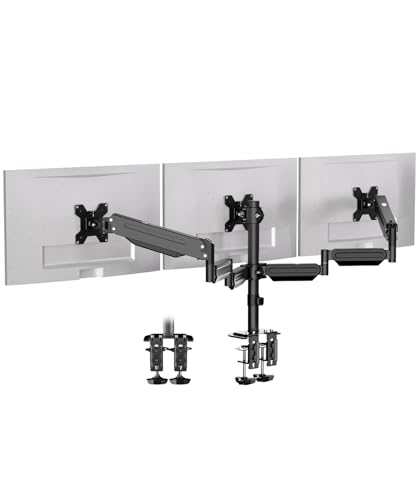 Pholiten Triple Monitor Stand Mount-Gas Spring Stand with Clamp and Grommet Base, Fully Adjustable Desk Mount Fits Three 17-27 inch LCD Computer Screens, Each Arm Holds up to 13.2lbs,(MD8003) …