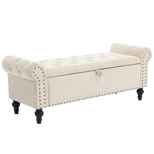 51" Storage Bench for Bedroom, Upholstered Ottoman Bench, Chenille Beige