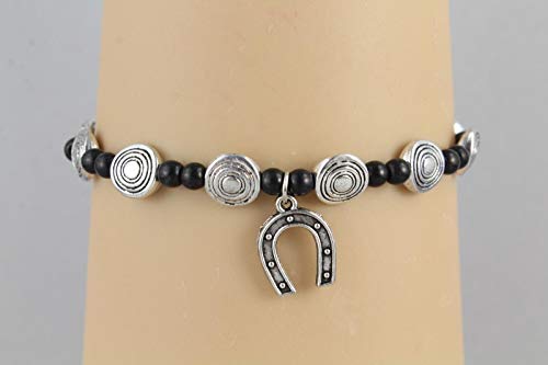 Horseshoe charm bracelet stretch Black Silver stretchy beaded bracelet
