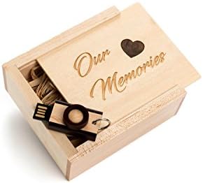 16GB Hand Made Maple Wood - Camera USB 2.0 - Wooden Box with Heart Veneer Heart in Raffia Grass - Laser Engraved "Our Memories" - Maple Camera