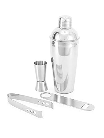 King International 100% Stainless Steel Silver colour All in One Bar Set | Bar Tools | Bar Accesories Set of 4 Pieces in Opener I Tong | Cocktail Shaker | Jigger - Ideal for Party Get together and Giftin