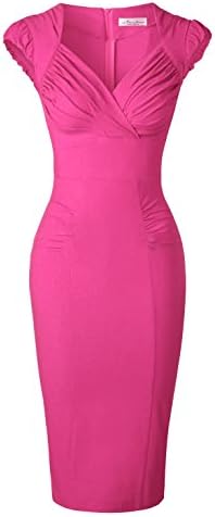 Newdow Lady's 50s Vintage V-Neck Capsleeve Pencil Dress (XX-Large, Rose)