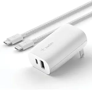 Belkin Boost Charge 30W Dual Port USB Type-C PD & USB Type-A Wall Charger with 5FT 3.0 C-Type C to C Cable (Renewed)