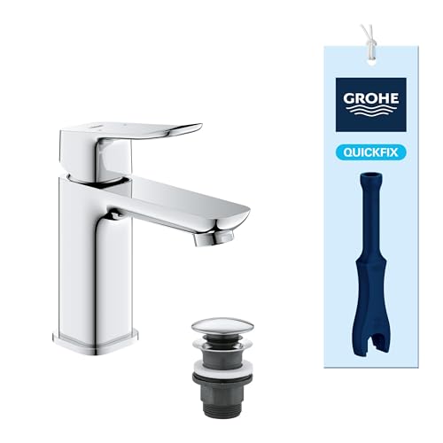 GROHE Dice, Waschtischarmatur, wassersparend (Wasserhahn für das Bad, Badarmatur mit Push-Open Ablauf, 15cm hoch, mit 3in1 Werkzeug, einfache Installation am Waschbecken), chrom, 1018570000