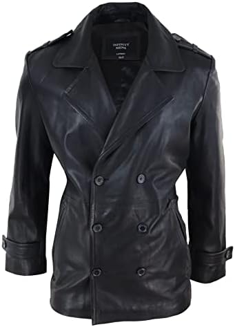 Men's Black Pea Coat Leather Jacket Dr Who German Naval XS at