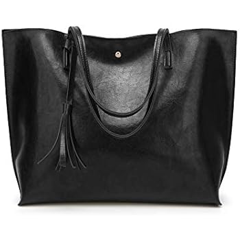 Women's Soft Faux Leather Tote Shoulder Bag from Dreubea, Big Capacity Tassel Handbag Black (New Style)