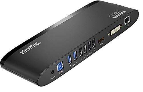 Plugable USB 3.0 Universal Laptop Docking Station for Windows (Dual Monitor: HDMI and DVI/HDMI/VGA, Gigabit Ethernet, Audio, 6 USB Ports) - Horizontal