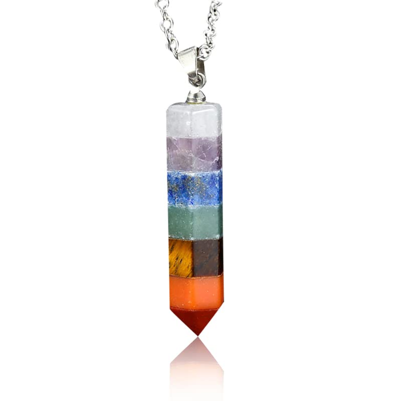 Soulnioi 7 Chakra Crystal Pendulum Necklace Healing Crystal Stone Sliver Wire Crystal Point Gemstone Pink Necklaces