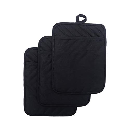 Anyi Oven Pot Holders with Pocket, 100% Cotton Oven Mitts Oven Pads with Feature of Heat Resistant Potholders Non Slip for Cooking Baking, Set of 3 (Black)