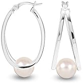 LeCalla 925 Sterling Sliver Pearl Hoop Earrings for Women | Pearl Double Oval Hoop Earrings Jewelry | Available in Rose Gold, Gold & Silver Plated Finish