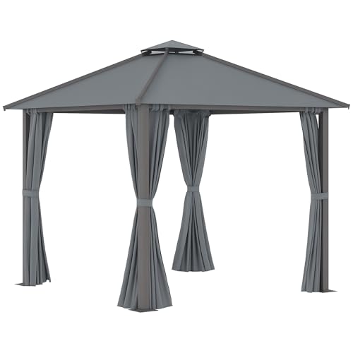 Outsunny Tonnelle de Jardin pour terrasse pavillon de Jardin tonnelle Aluminium avec 4 parois latérales Double Toit Protection Solaire - 3 x 3 m - Gris