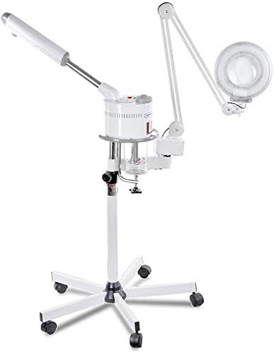 AMhuui Facial Steamer with Hot Ozone 5X Magnifying Lamp 2 In 1 Professional Beauty Mag Light And Magnifier Spa Salon Skin Care Treatment Machine with Adjustable Arm Rolling Base