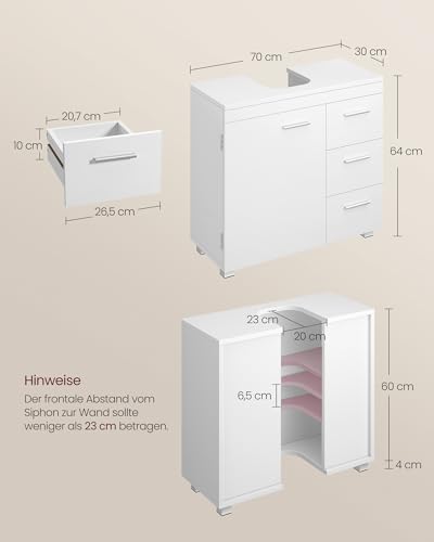 Waschbeckenunterschrank, Badezimmerschrank, 3 große Schubladen, 30 x 70 x 64 cm, 2 Fächer, auch für Waschbecken mit Beckensäule, Badezimmer-Unterschrank mit Füßen, wolkenweiß BBK504W01