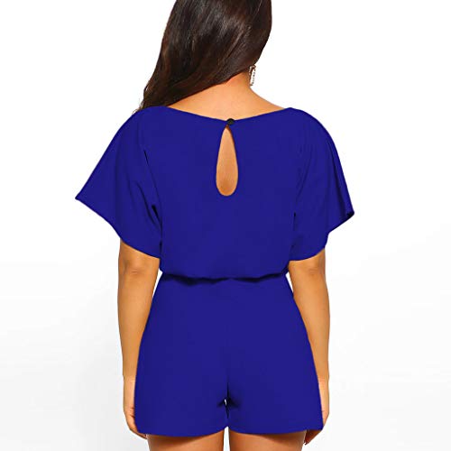 Sunyastor Womens Short Sleeve One Piece Jumpsuit Cocktail Romper Pant Suit Clubwear Straight Leg Jumpsuit with Belt (B Blue, Large)