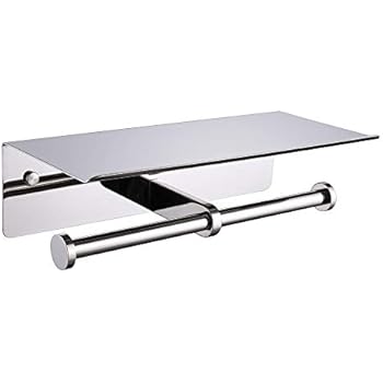 APLusee Double Toilet Paper Holder with Shelf Polished Chrome, SUS304 Stainless Steel Contemporary Bathroom Tissue Roll Holder Cell Phone Storage Rack