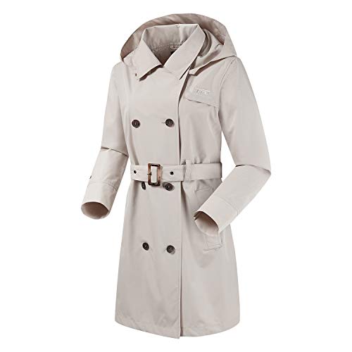 TFO Womens Hooded Double-Breasted Trench Coat Outdoor Lightweight Rain Jackets with Belt(Khaki, M)