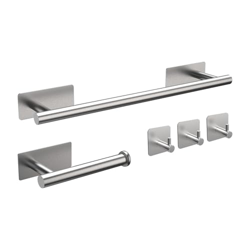 Self-Adhesive Towel Rail, 5-Piece Bathroom Accessories Kit, 16 inch/40cm Wall-Mounted Towel Holder, Toilet Paper Holder and 3 Towel Hooks, 304 Stainless Steel, Bath Hardware Hand Towel Bar