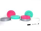 Wide Mouth Mason Jar Lids - Compatible with Wide Mouthed Size Ball Jars - Reusable and Leak Proof Plastic Lids are BPA Free - Includes Pen for Marking - Pink, Teal, Gray & White - Pack of 8